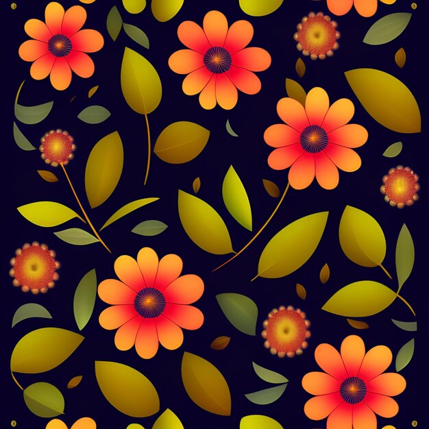 オレンジ色の花と緑の葉を持つ黒の背景。