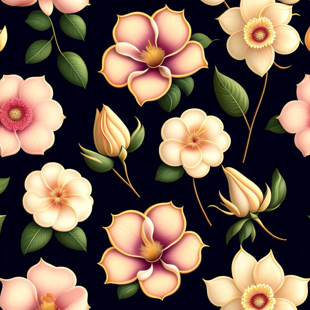 A black background with a pattern of flowers and leaves.