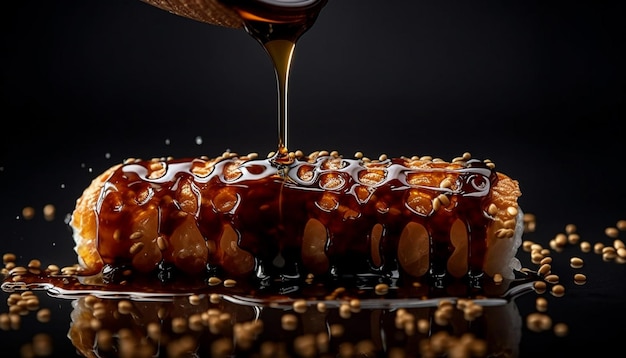 Free photo a black background with a plate of sushi with a black background and a black background with a gold plate that says'soy sauce '