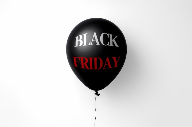 Black balloon floating on white background with Black Friday message
