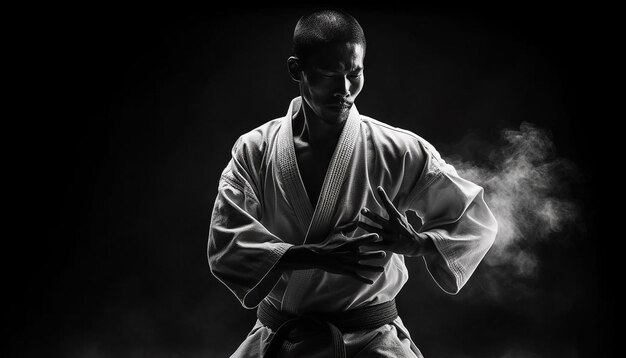 Black belt athlete practicing jujitsu with determination generative AI