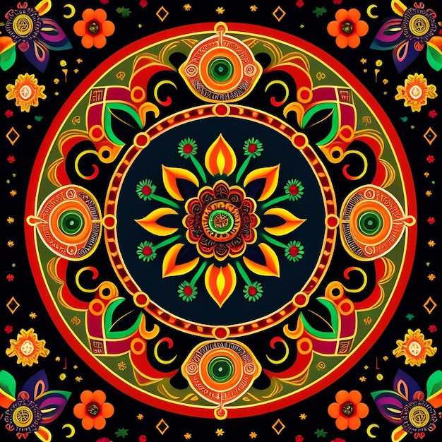 A black and blue floral pattern with a red flower.