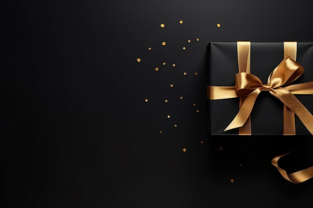 Free photo black box banner with gold ribbon on a dark background