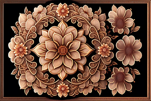 A black and brown floral rug with a floral design.