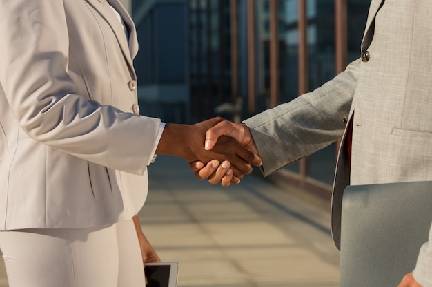 Черная деловая женщина пожимает руку мужскому партнеру