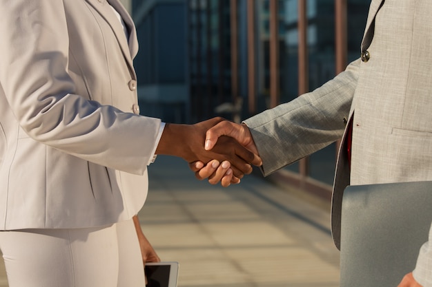 Black businesswoman shaking hands with male partner