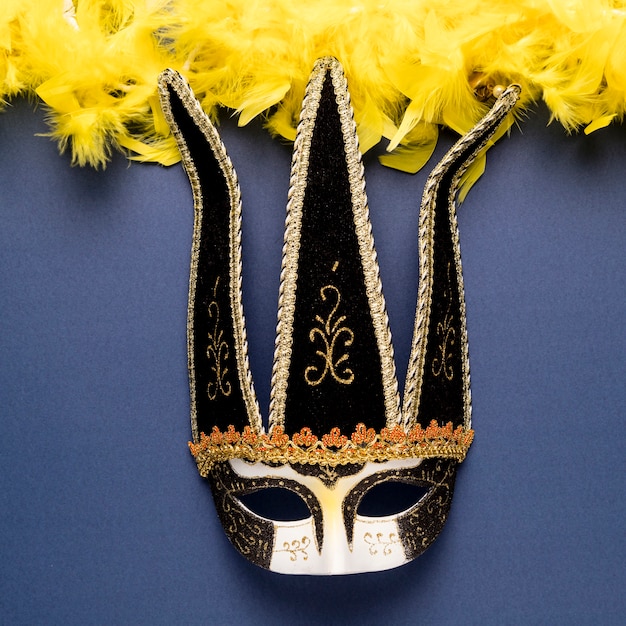 Black carnival mask with yellow feather boa close-up