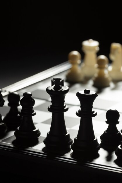 Black chess pieces versus white team