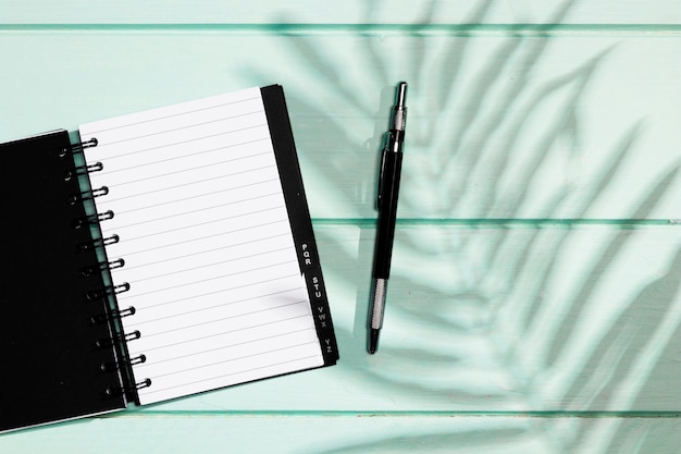 Black cover of notebook with pen and leaves shadow