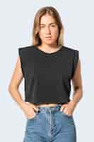 Free photo black cropped tank top with design space women's street apparel