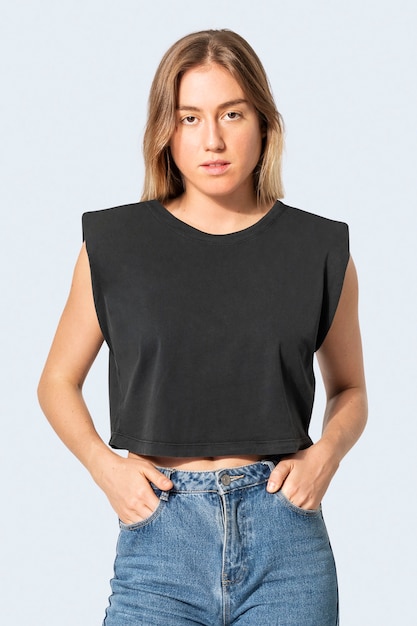 Black cropped tank top with design space women's street apparel