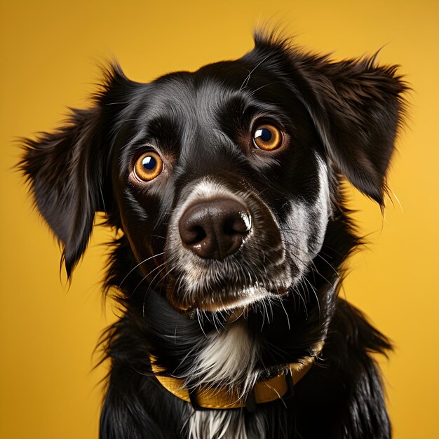 black dog isolated on yellow background