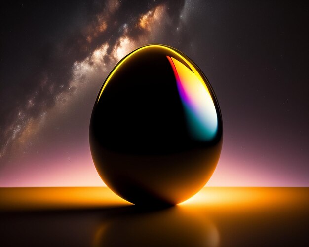 A black egg with a rainbow colored light on it