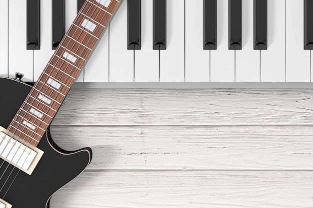 나무 테이블 극단적인 근접 촬영에 피아노 키와 블랙 일렉트릭 기타. 3d 렌더링