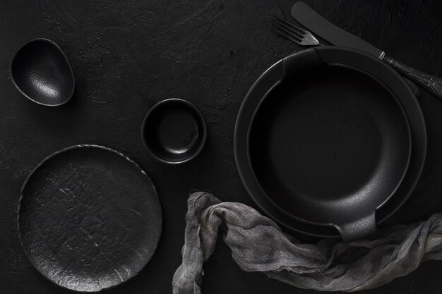 Black empty tableware top view