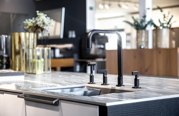 Black faucet with a steel sink in a stylish modern kitchen