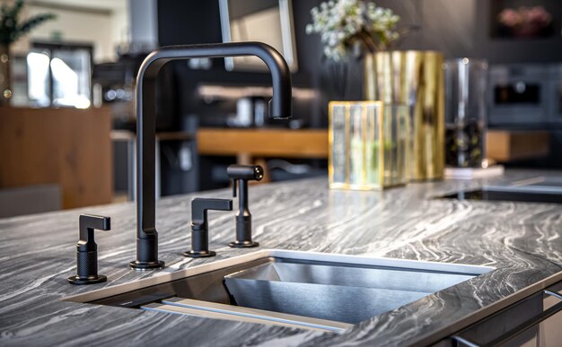 Black faucet with a steel sink in a stylish modern kitchen