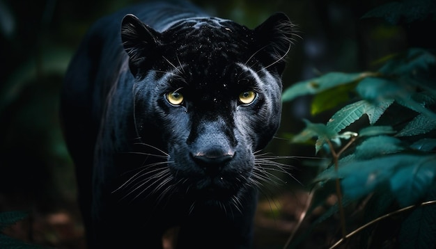 Black feline staring beauty in nature portrait generated by AI