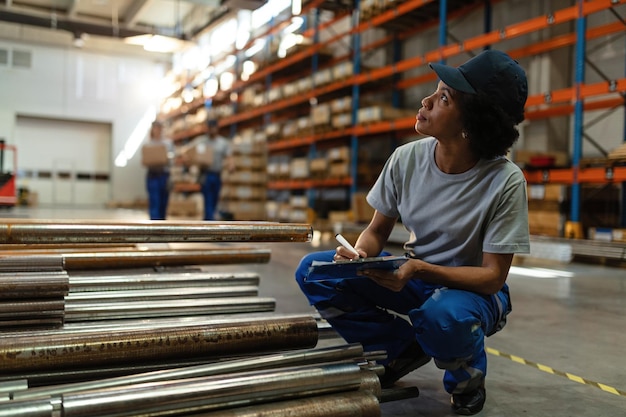 Black female worker going through check list and writing notes while working in a warehouse