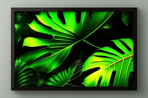 Free photo a black frame with a picture of a plant with green leaves on it