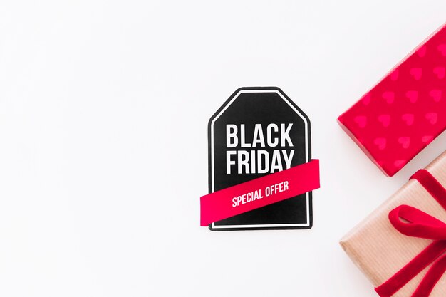 Black friday composition with label and gift box
