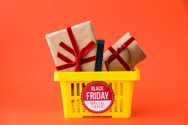 Black friday decoration with gifts in basket