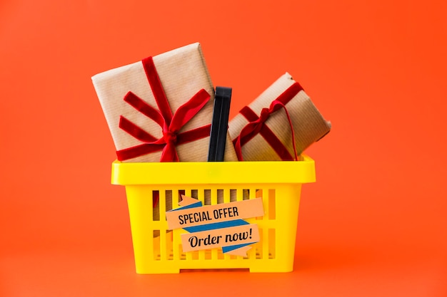 Black friday decoration with presents in basket