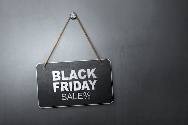 Black friday discount sale message written on hanging blackboard