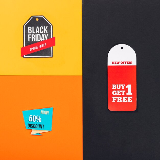 Black friday sales composition with different labels