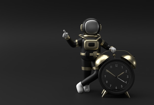 Black friday spaceman astronaut with alarm clock 3d illustration design.