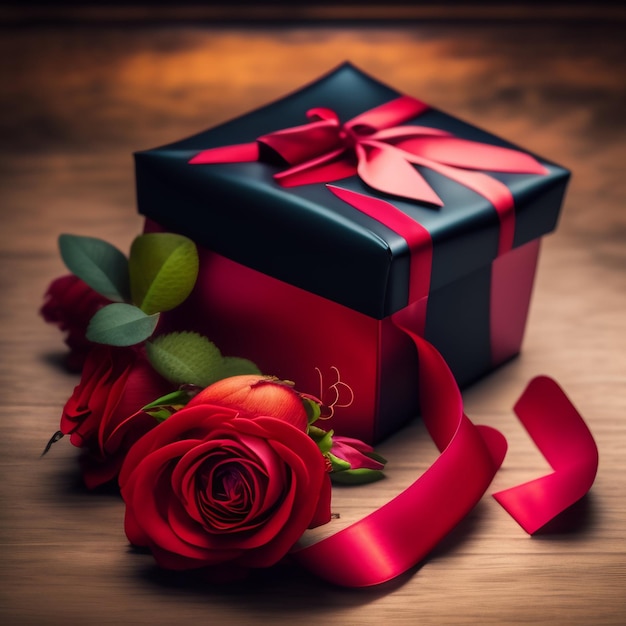 Foto gratuita una confezione regalo nera con sopra un nastro rosso e delle rose.