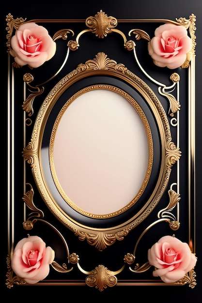 A black and gold framed mirror with roses on it.