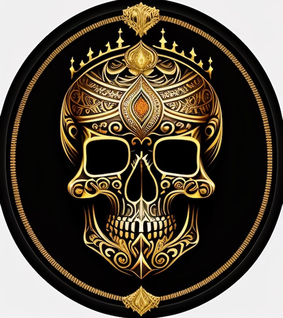 A black and gold round plate with a skull on it.
