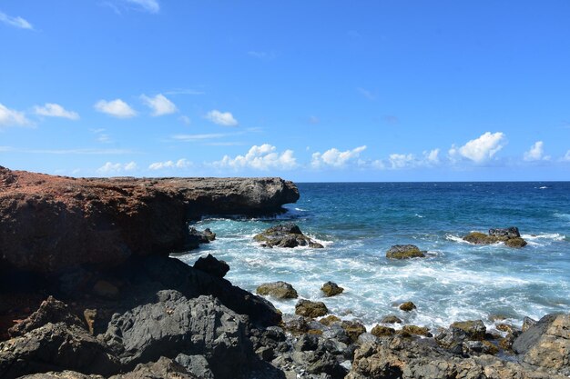 Aruba에서 해변으로 밀려오는 파도와 함께 검은 용암 바위