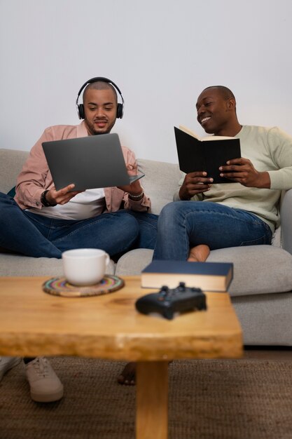 Black men couple spending time together