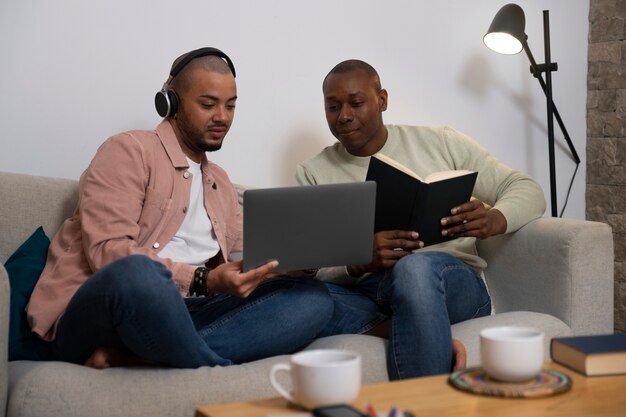 Black men couple spending time together