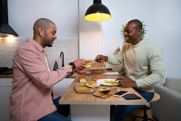 Black men couple spending time together