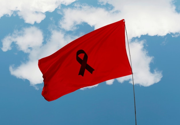 Free photo black mourning ribbon on red flag