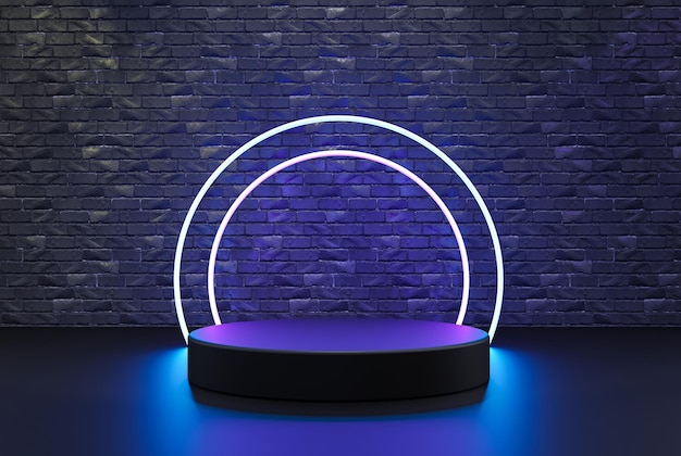 Free photo black neon led light podium empty pedestal product display scene for product placement 3d abstract background