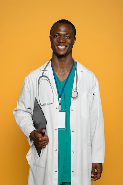 Black nurse man getting ready for work