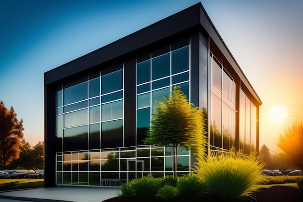 A black office building with a tree in front of it