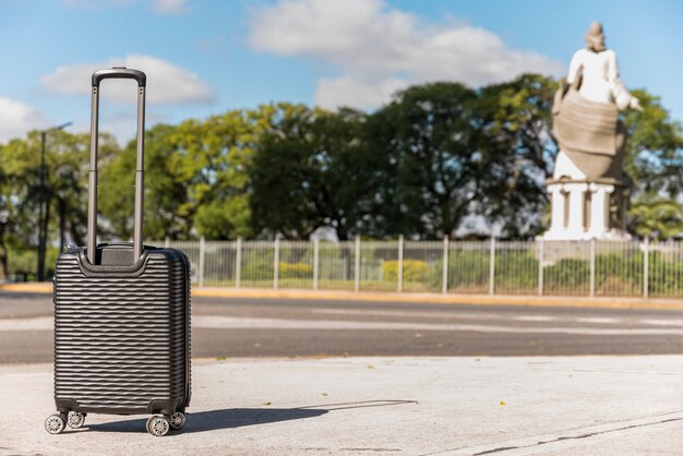 Black plastic suitcase in the park