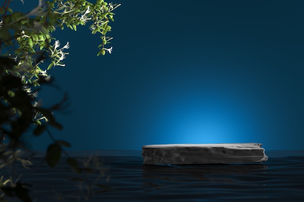 물에 검은 돌 석판과 파란색 배경에 강조 표시. 식물 전경을 흐리게 합니다. 제품 프레 젠 테이 션 또는 광고에 대 한 추상적 인 배경입니다. 3d 렌더링