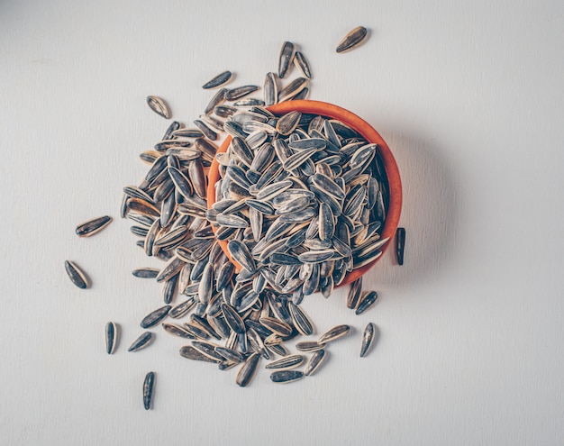 Black sunflower seeds in a bowl on white background. top view.