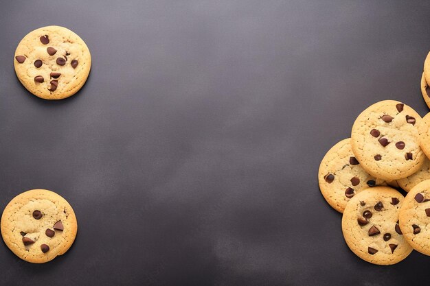 A black table with a row of chocolate chip cookies