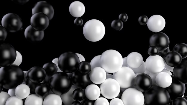 Черно-белые шары падают в бассейн или экран на черном фоне. Сферы заполняют объем. 3D визуализация.