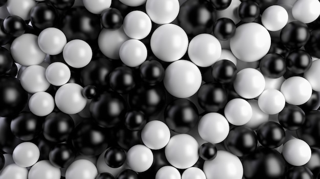 Black and white balls fill background. Spheres fill the volume.