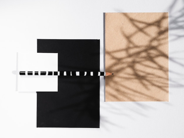 ストライプの鉛筆で黒と白の毛布と枝の影付きのベージュの毛布