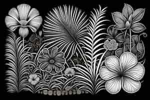 Free photo a black and white drawing of flowers and leaves.