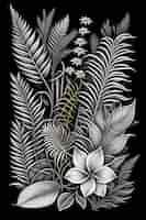 Free photo a black and white drawing of a tropical plant with a flower and leaves.